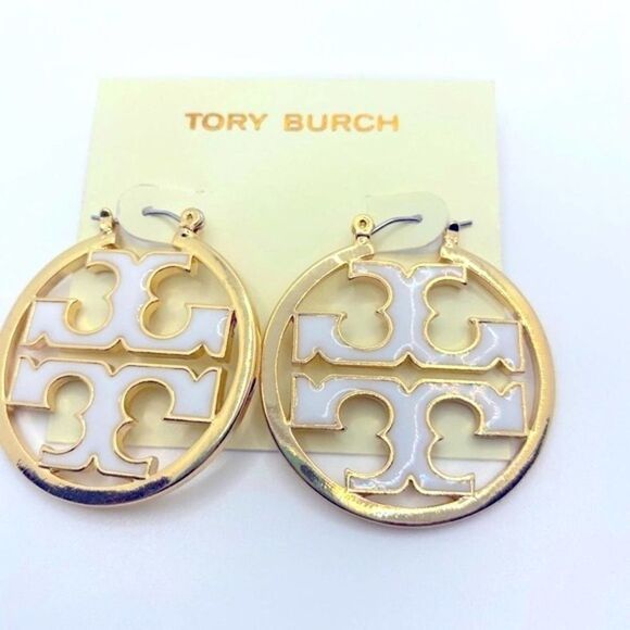 NWOT Tory Burch Gold Miller.White Enamel Logo Hoop Earrings - Picture 2 of 4